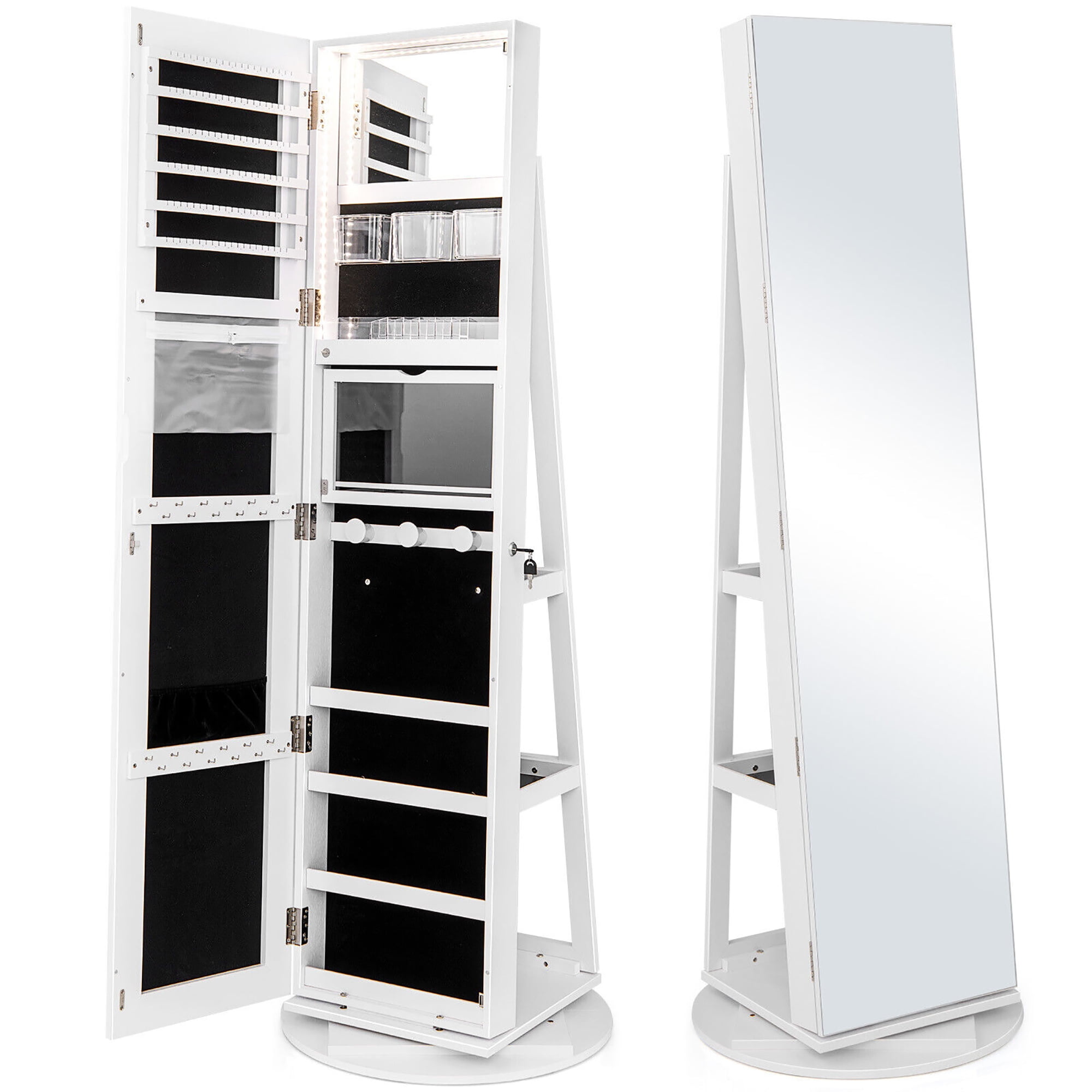 Gymax Rotating Mirrored Jewelry Cabinet with Mirror Storage Shelves ...