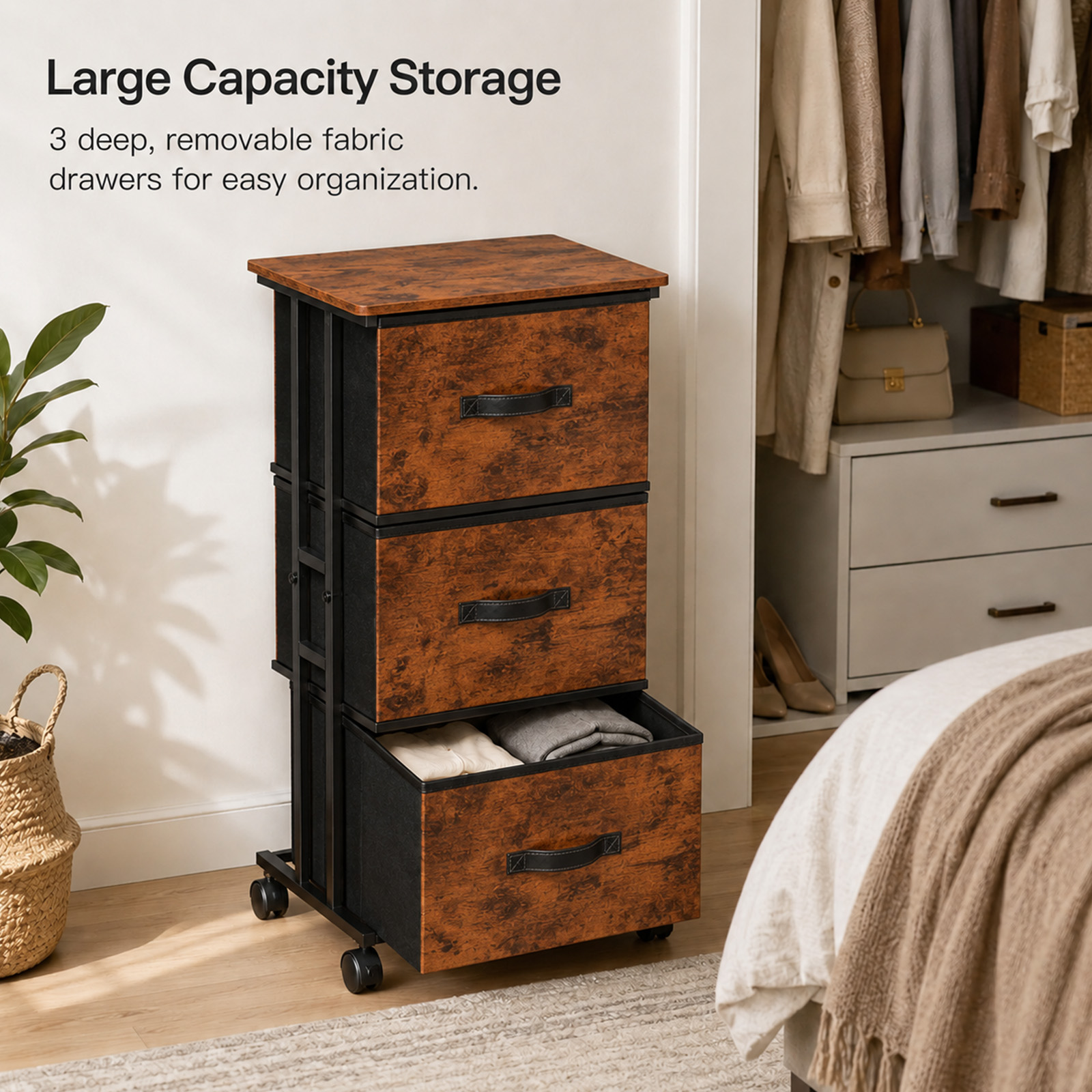 Alvantor Fabric Dresser 3 Drawer Storage Chest, Rolling Storage Tower, Vertical Storage Unit for Bedroom, Closet, Office