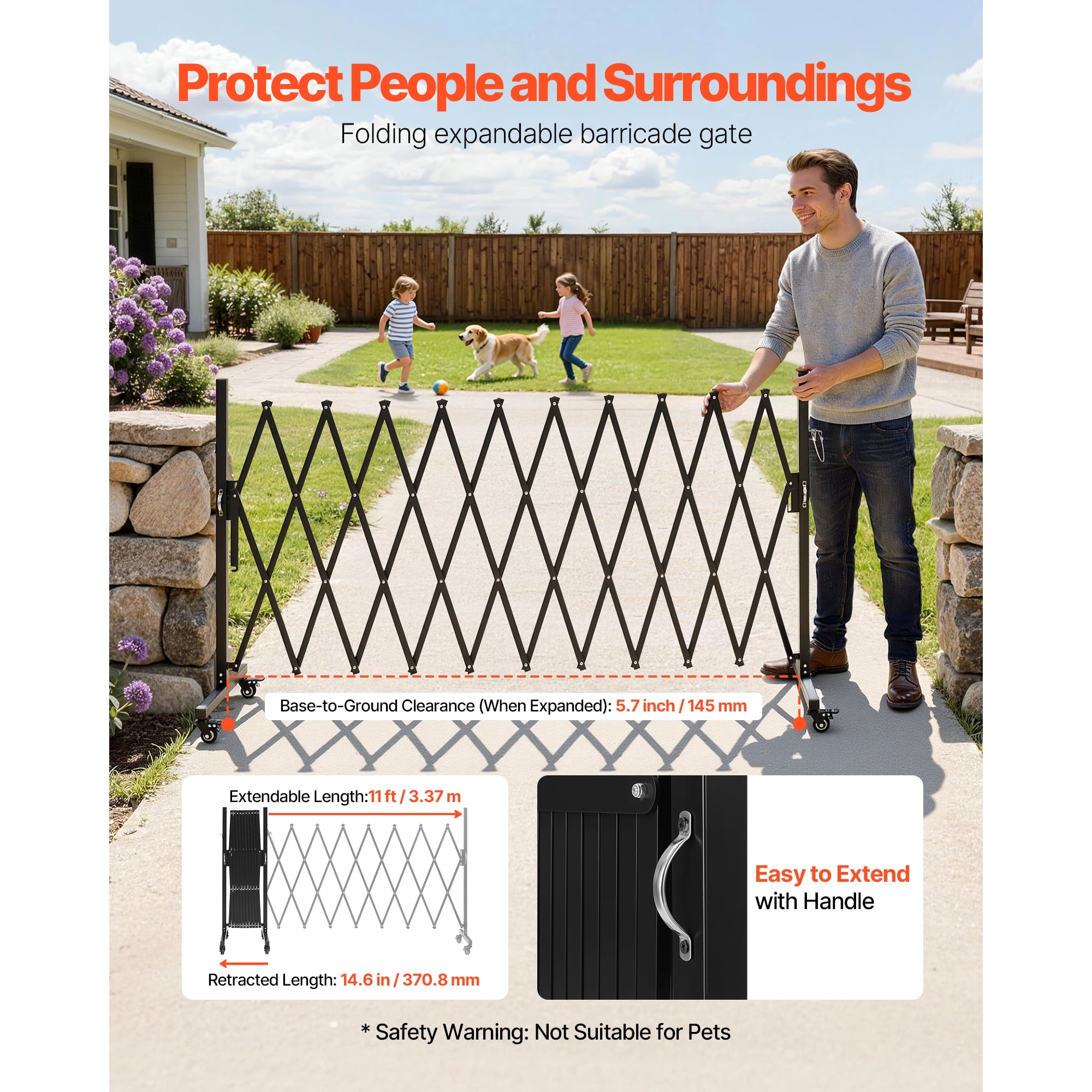 KFFKFF Expandable Barricade, 11FT Adjustable Safety Barrier, Mobile Folding Gate with Lockable Wheels, Portable Metal Traffic Fence for Patio, Garden, Stairways