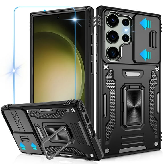 Atump for Galaxy S23 Ultra Case with 2Pcs HD Screen Protector, Military Grade Shockproof and Slide Camera Cover, 360° Rotated Ring Kickstand Protective Case for Samsung Galaxy S23 Ultra,Black