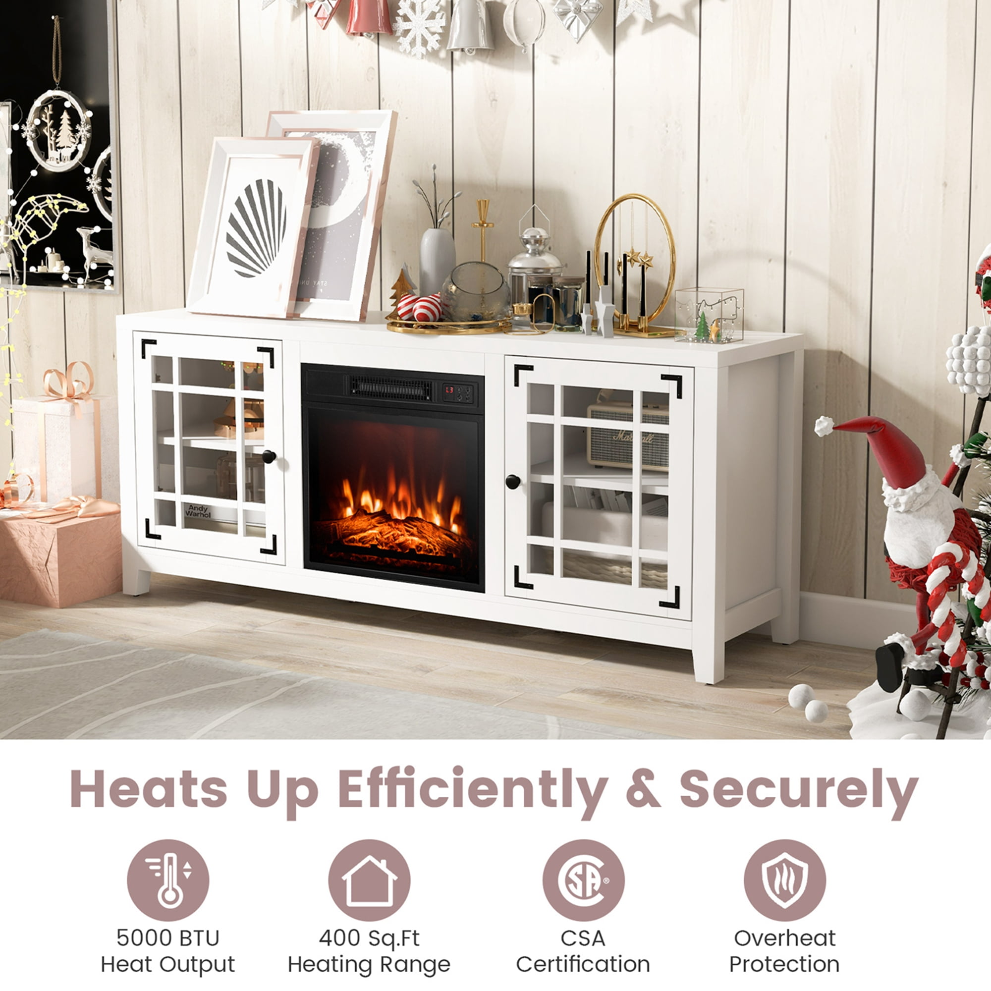Costway 58 Inches Fireplace TV Stand for TVs up to 65 Inches with 1400W Electric Fireplace White