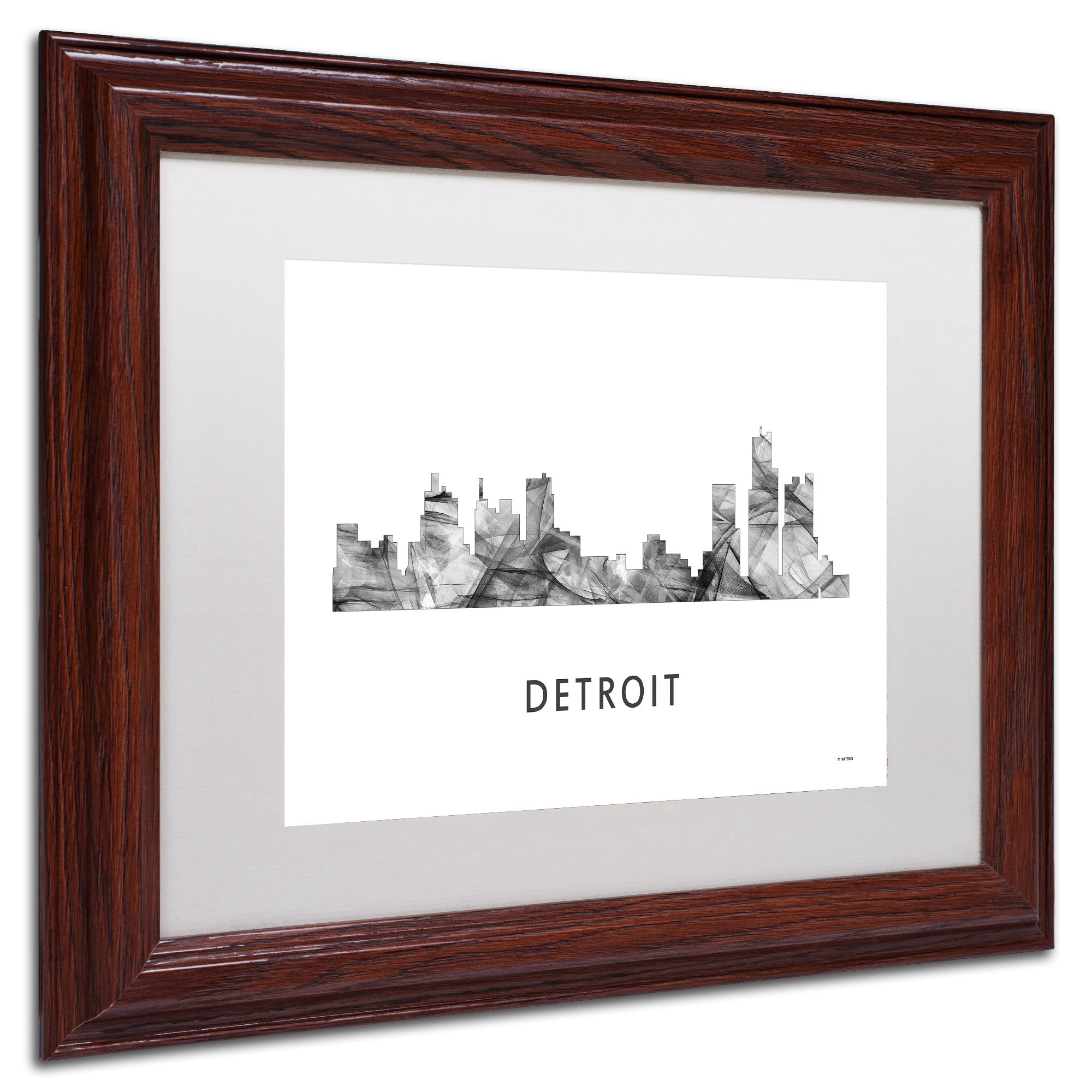 Trademark Fine Art 'Detroit Michigan Skyline WB-BW' Canvas Art by Marlene Watson, White Matte, Wood Frame