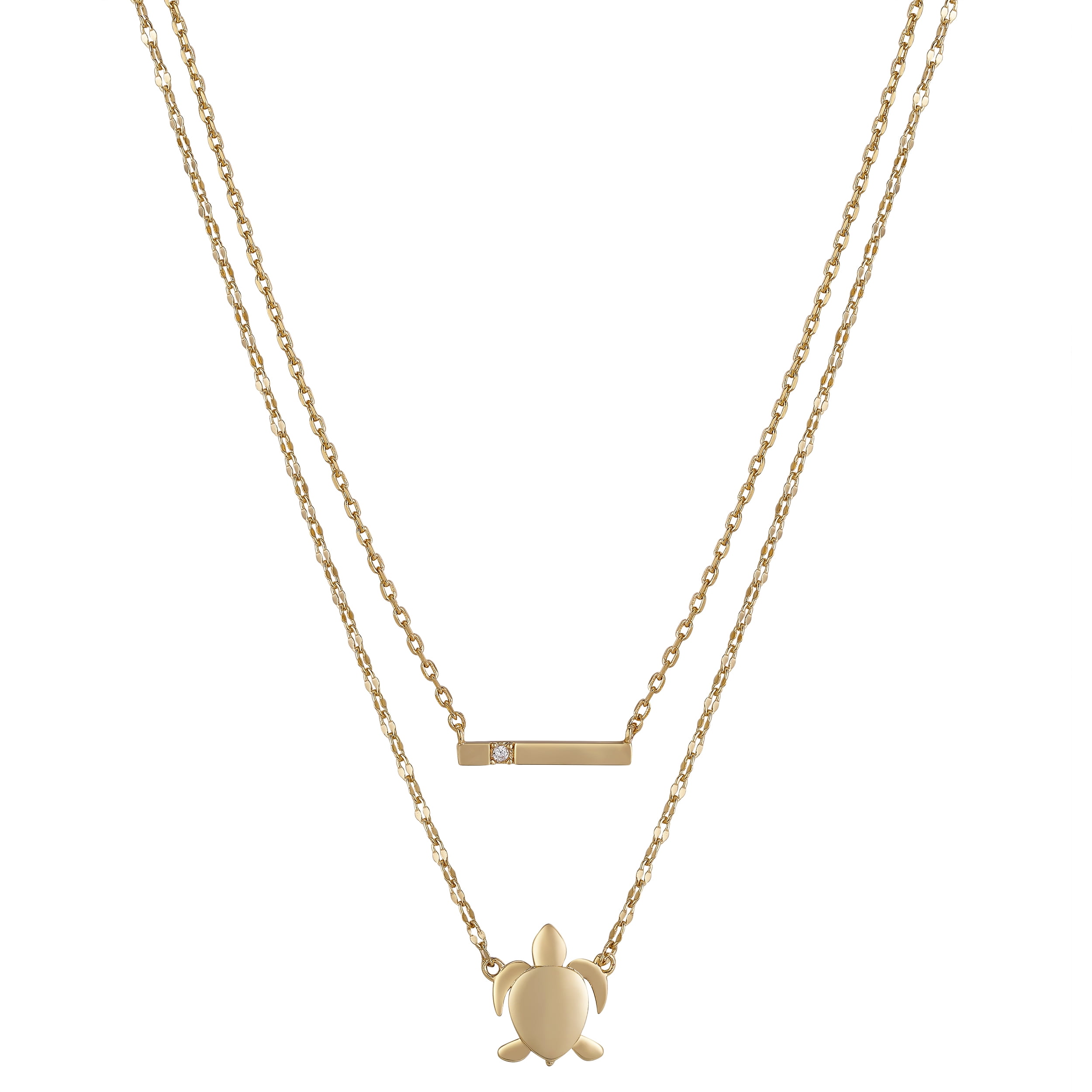 14K Gold Flash-Plated Cubic Zirconia Bar and Turtle 2-Piece Necklace Set with Extender