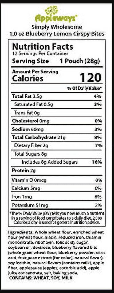 (Price/Case)Appleways Individually Wrapped Whole Grain Blueberry Lemon Crispy Bites 1 Ounces Per Pack - 108 Per Case