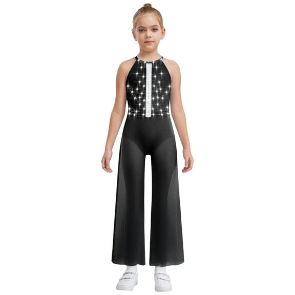 zdhoor Kids Girls Lyrical Latin Jazz Dance Jumpsuit Shiny Rhinestone Romper Dance Gymnastics Leotard Wide Leg Bodysuit Black 8