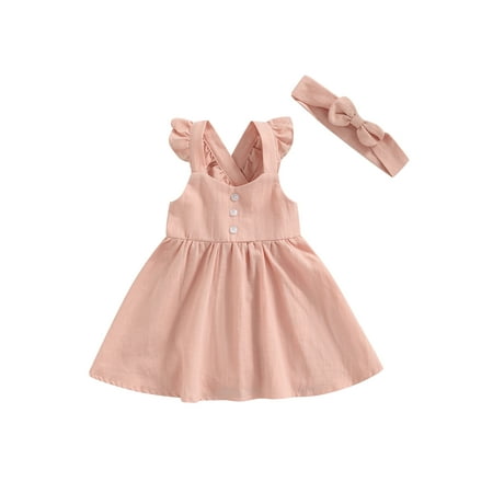 

Nokpsedcb Kids Girls Casual Dress Solid Color Fly Sleeve Backless One-Piece Dress with Headband Summer Streetwear Pink 18-24 Months