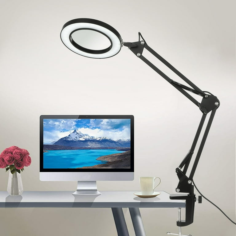 Neoglint Flexible Clamp-on Table Lamp with 8x Magnifier Swing Arm Dimmable LEDs  Desk Light 3 Color Modes & 10 Brightness Levels Reading Working Studying  Light 