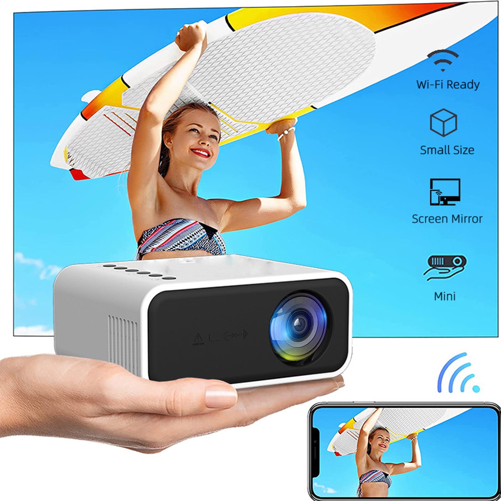 Nkmbld Smart Projector with WiFi and Bluetooth, Mini Portable Automatic Projector Outdoor/Indoor Movie Projector Compatible with HDMI/USB/iOS/Android/Windows