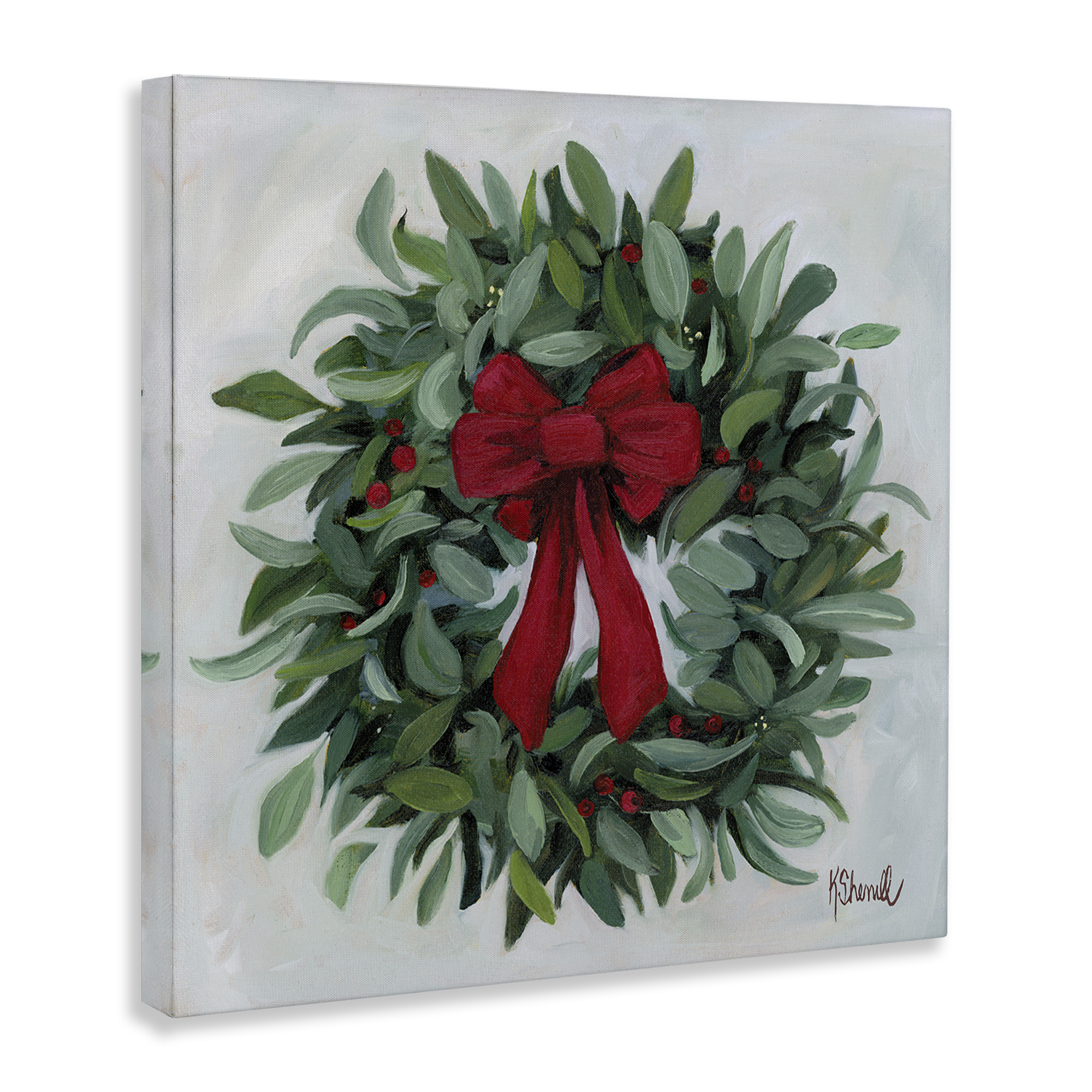 Stupell Industries Wreath with Red Bow Holiday Painting Gallery Wrapped Canvas Art Prints Wall Art, 24 x 24