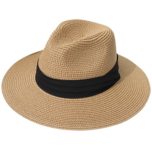 Lanzom Women Wide Brim Straw Panama Roll up Hat Fedora Beach Sun Hat UPF50+  (Brown)