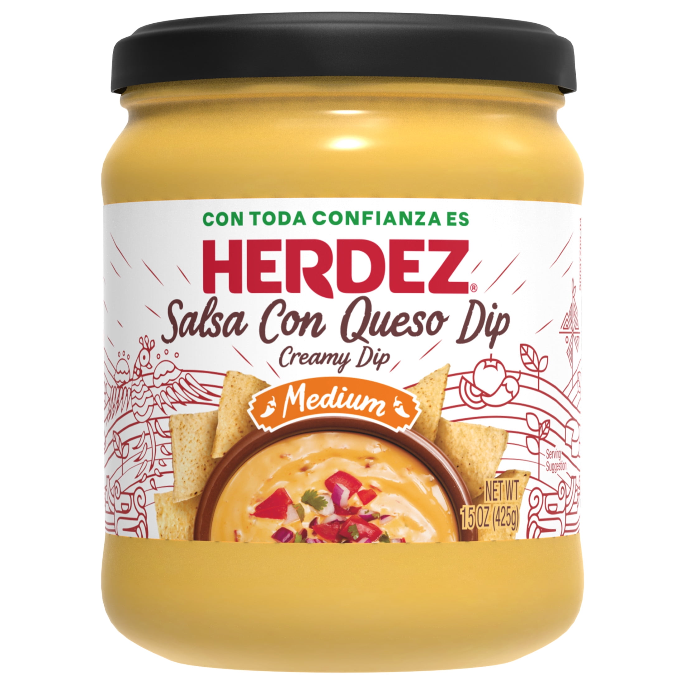 (2 pack) HERDEZ Salsa Con Queso Dip Medium, Tortilla Chip Dip, Shelf-Stable, 15 oz Glass Jar