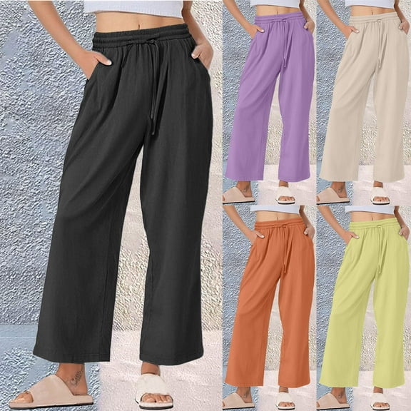 Elastic Waist Wide Leg Pants Linen Blend Trousers, Summer Casual Solid Color Palazzo Pants for Women, Lightweight Breathable Lounge Pants, Mother's Day Gifts | CSEONE,Black XL