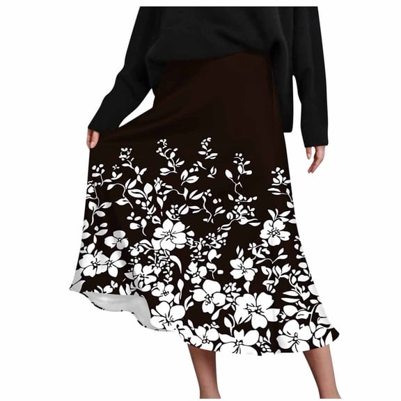 JGGSPWM Women's Floral Printed A-Line Midi Skirt, Elegant Elastic High Waisted Zipper Fashion Summer Lounge Skirts Black M