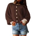 thumbnail image 2 of Women's Cropped Cardigan Sweaters Fall Long Sleeve Open Front Color Block Knit Outwear Coats Brown L, 2 of 8