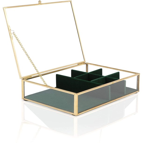 Juvale Glass Jewelry Storage Box with Green Velvet Tray Organizer