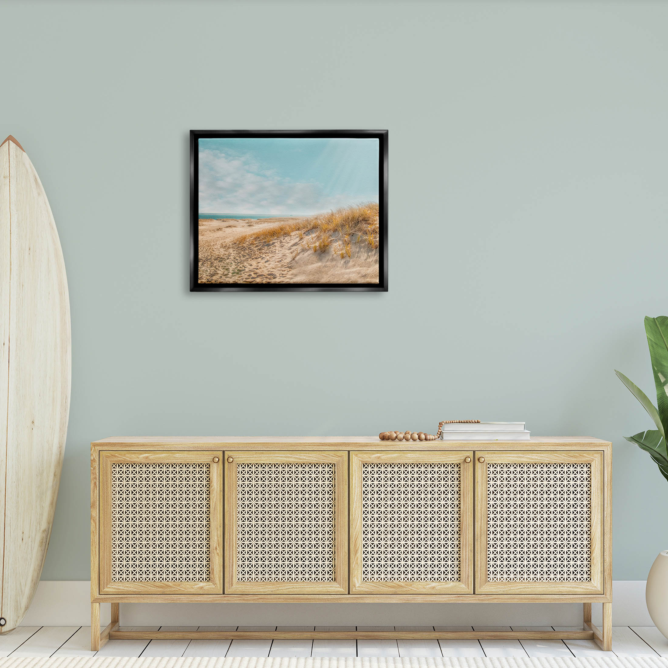 Sandy Ocean Beach Sun Rays Coastal Photograph Jet Black Framed Art Print Wall Art
