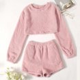 thumbnail image 2 of Women's Flannel Plush Pajama Set Solid Long Sleeve Crewneck Pullover Leisure Blouse Tops and Shorts Set Lounge Set, 2 of 7