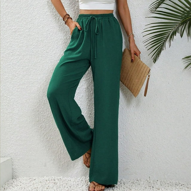 Mefallenssiah Women'S Spring Solid Color Elastic Waist Straight Tube Casual Wide Leg Pants