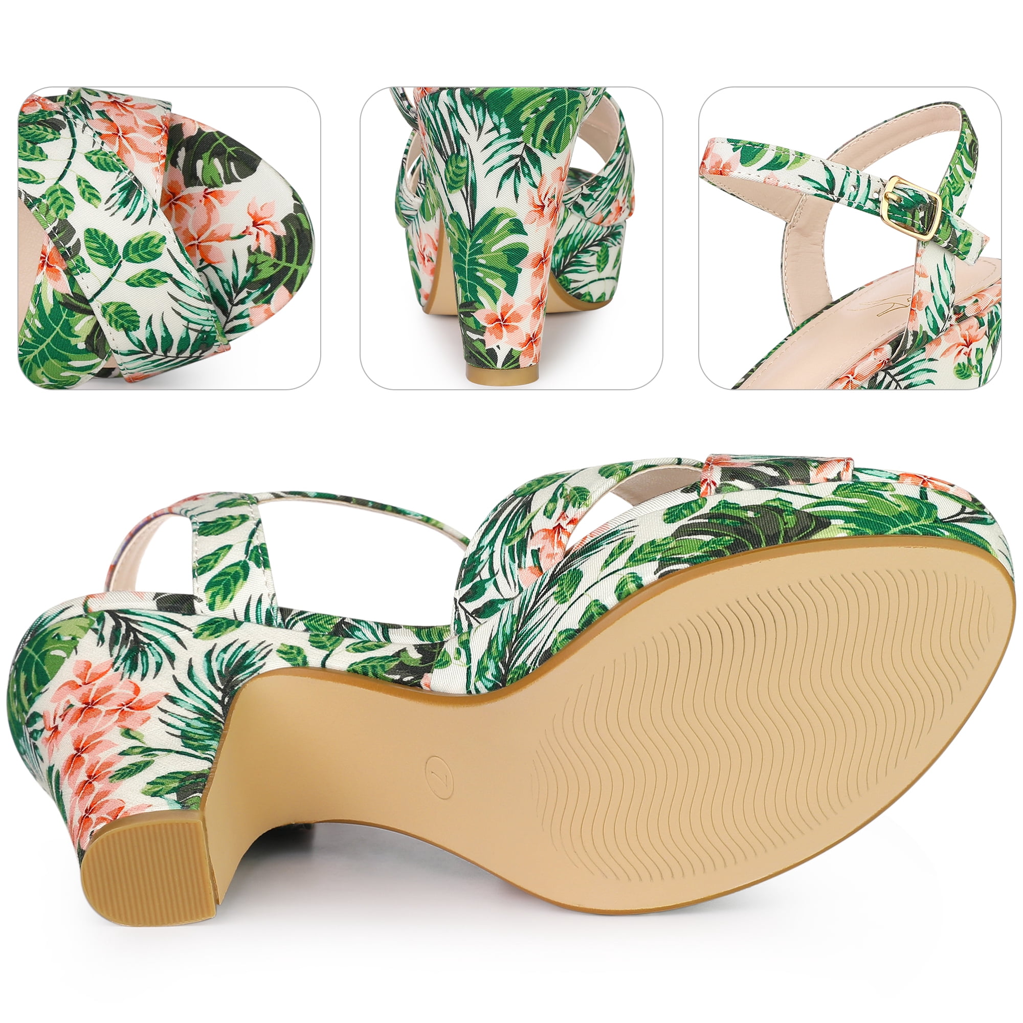 DARING DIVA Women's Floral Print Platform Block Heels SandalsGreen 10