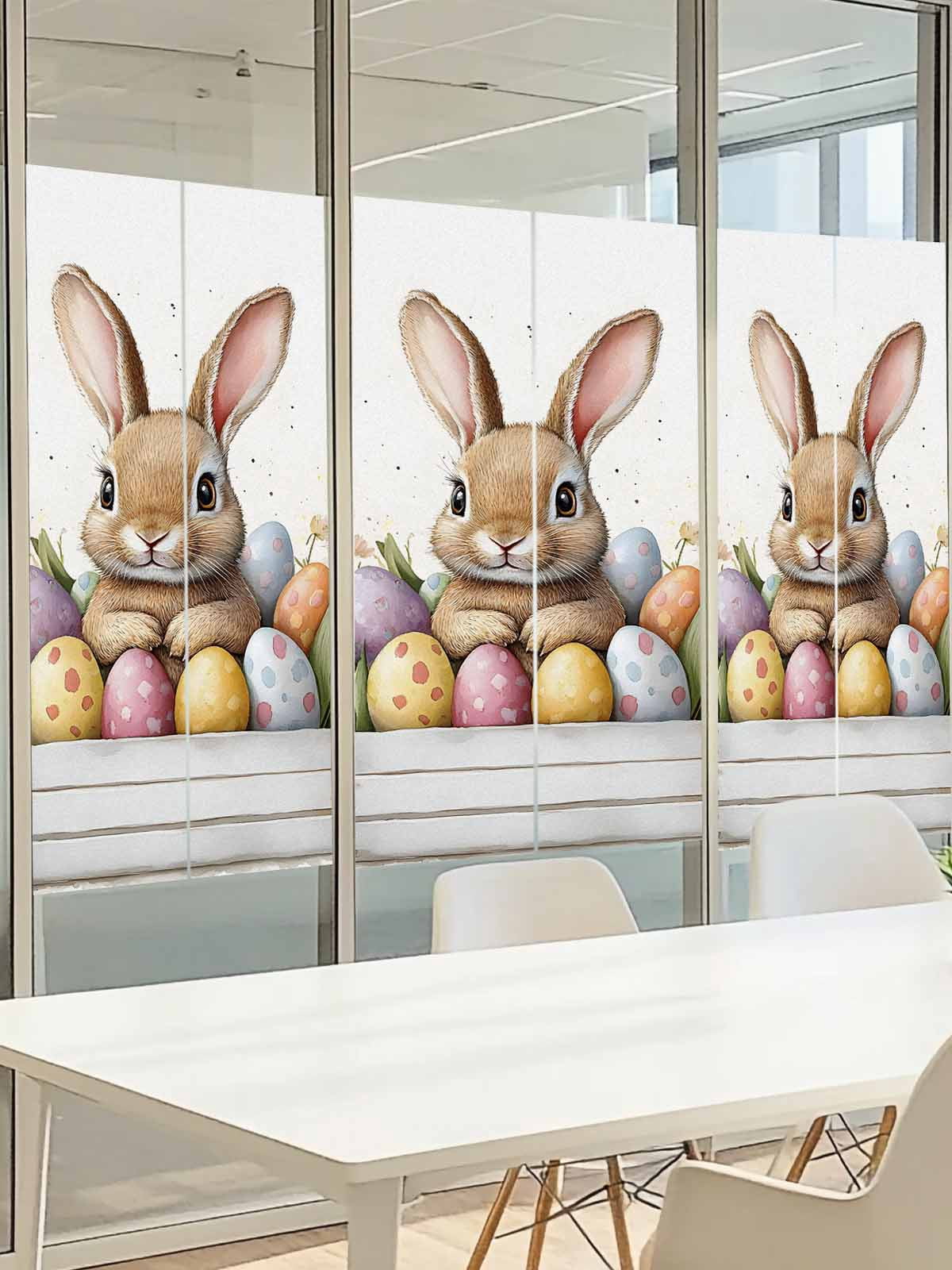 Easter Bunny Window Privacy Film, Cartoon Rabbit Purple Yellow Eggs Tulip Floral Leaf Frosted Glass Window Clings Static Cling UV Heat Blocking Reusable Door Sticker for Bedroom 23.6x78.7 Inch
