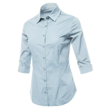 FashionOutfit Women's Casual Work Basic Solid Stretch 3/4 Sleeve Button Down Collar Shirt Blouse