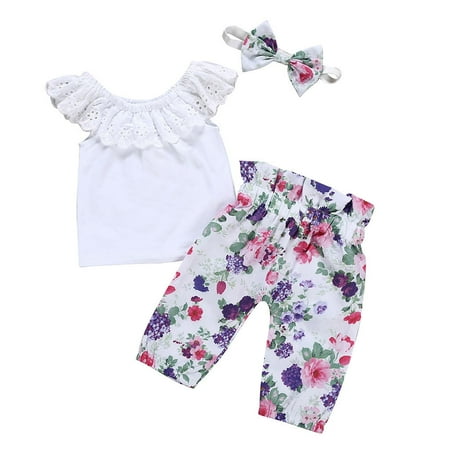 

AIMAOMI Kids Baby Girls Outfits Sleeveless Shirt Tops+Floral Pants+Headband Set H