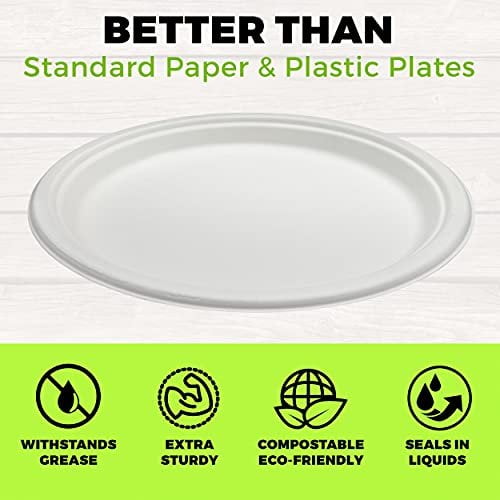 NYHI 125 Pack Compostable 10 Inch Heavy Duty Paper Disposable Plates Bulk For Adults Kids White Sugarcane Plates Cut Leak Resistant Compostable