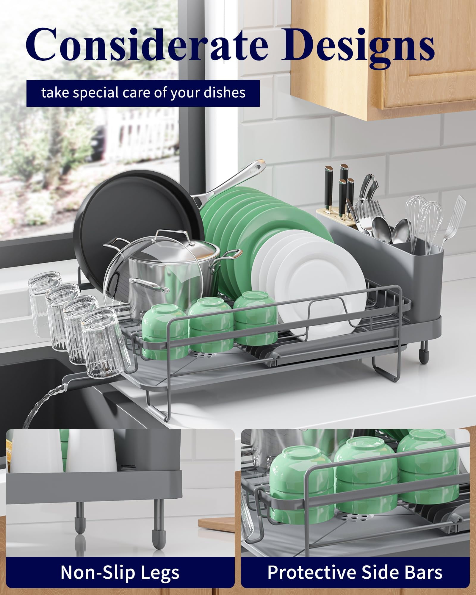 Large Dish Drying Rack with Extendable Tray, Multi-Functional Drainboard for Plates, Cups, and Utensils, Compact Storage Solution, Grey