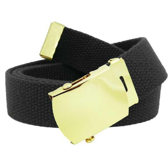 Men's Gold Brass Slider Military Belt Buckle with Canvas Web Belt Small Black
