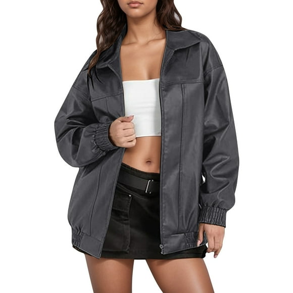 TJAZFJPA Barn Jackets for Women Women's Leather Jacket Long Sleeve Lapel Zipper Side Pocket Casual Trench Coat Women Coats Anorak Jacket Women