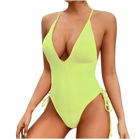 UTSJKR Deals Women Sexy Tummy Control Swimsuit Floral Push up High Waisted Bathing Suit Slimming Deep V Neck One Piece Swimwear Yellow L