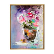 Designart 'Pink Fresh Abstract Flowers Bouquet in Vase' Modern Framed Canvas Wall Art Print