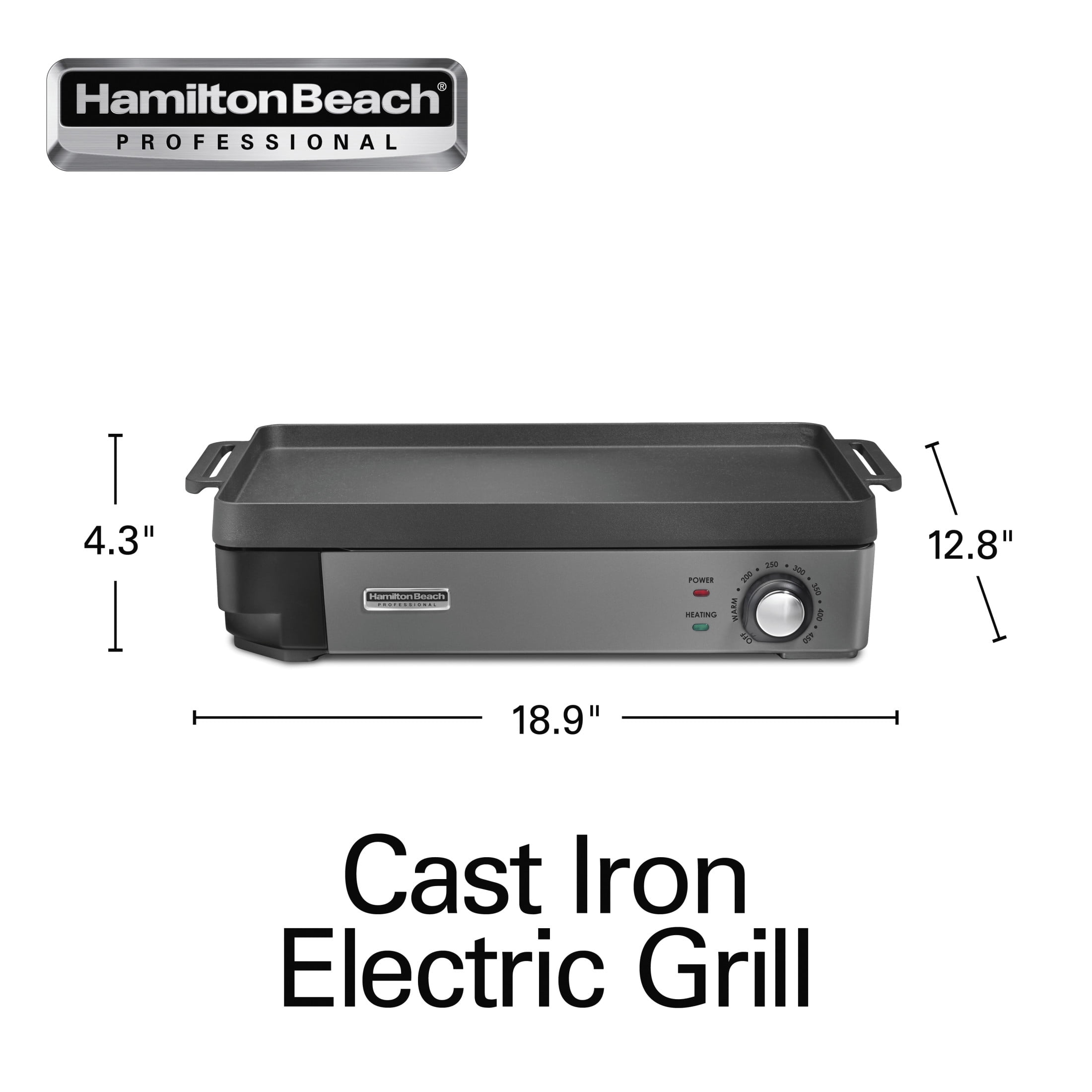 Hamilton Beach Professional Cast Iron Electric Grill, 10" x 16" Preseasoned Cooking Surface, Adjustable Temp. up to 450° F