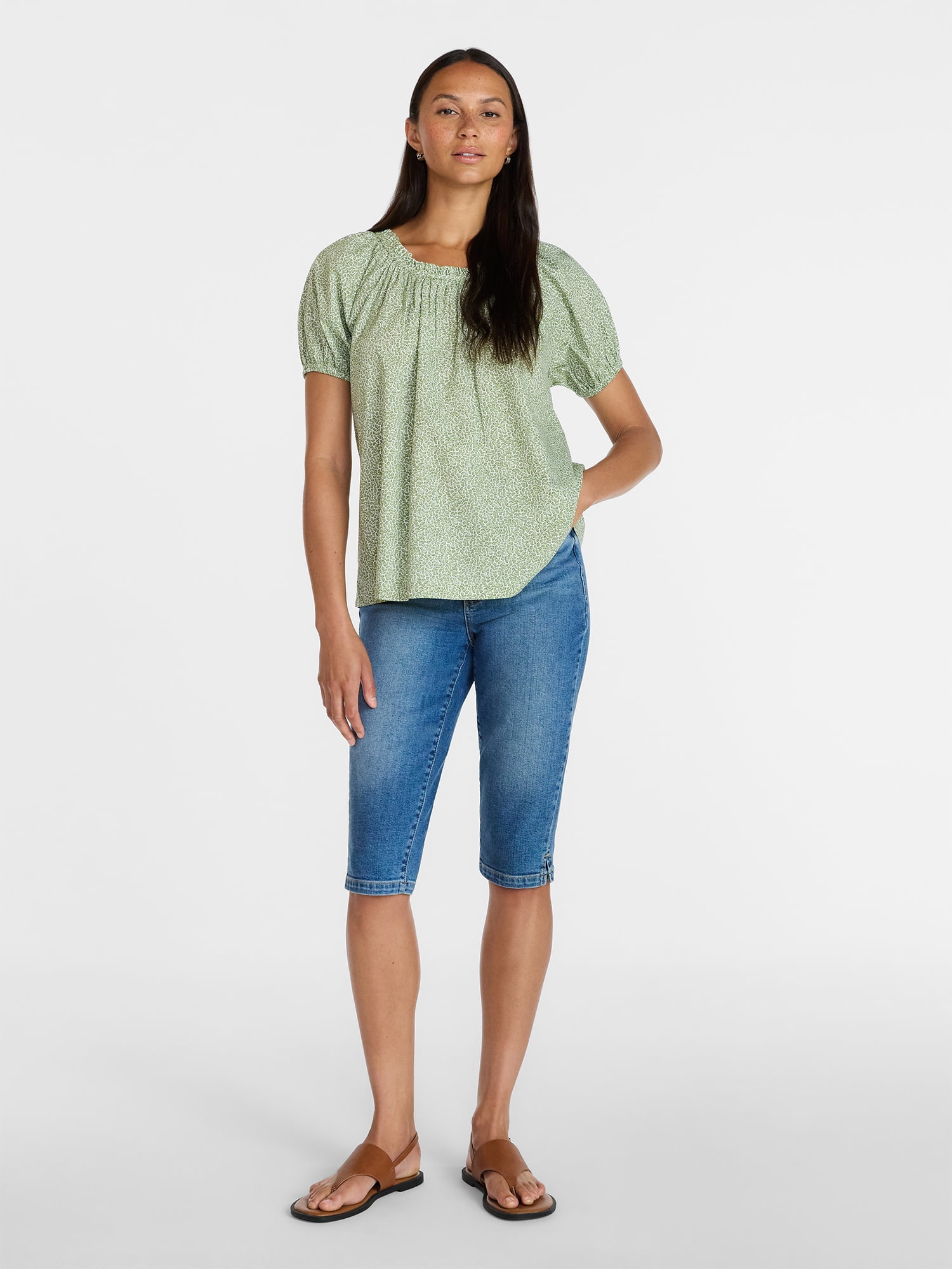 Time and Tru Women's Ruffle Neck Cotton Top with Short Puff Sleeves, Sizes XS-XXXL