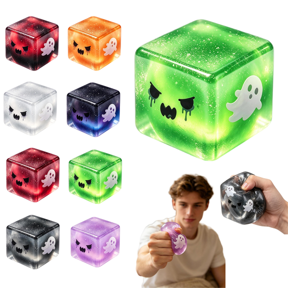 Halloween Cube Squishies, Fidget Toys Adults & Teens, Halloween Basket Stuffers, Cube HTF Glitter Sparkling Stress Relief Collectible, Sensory Stress Squeeze Toys,Green