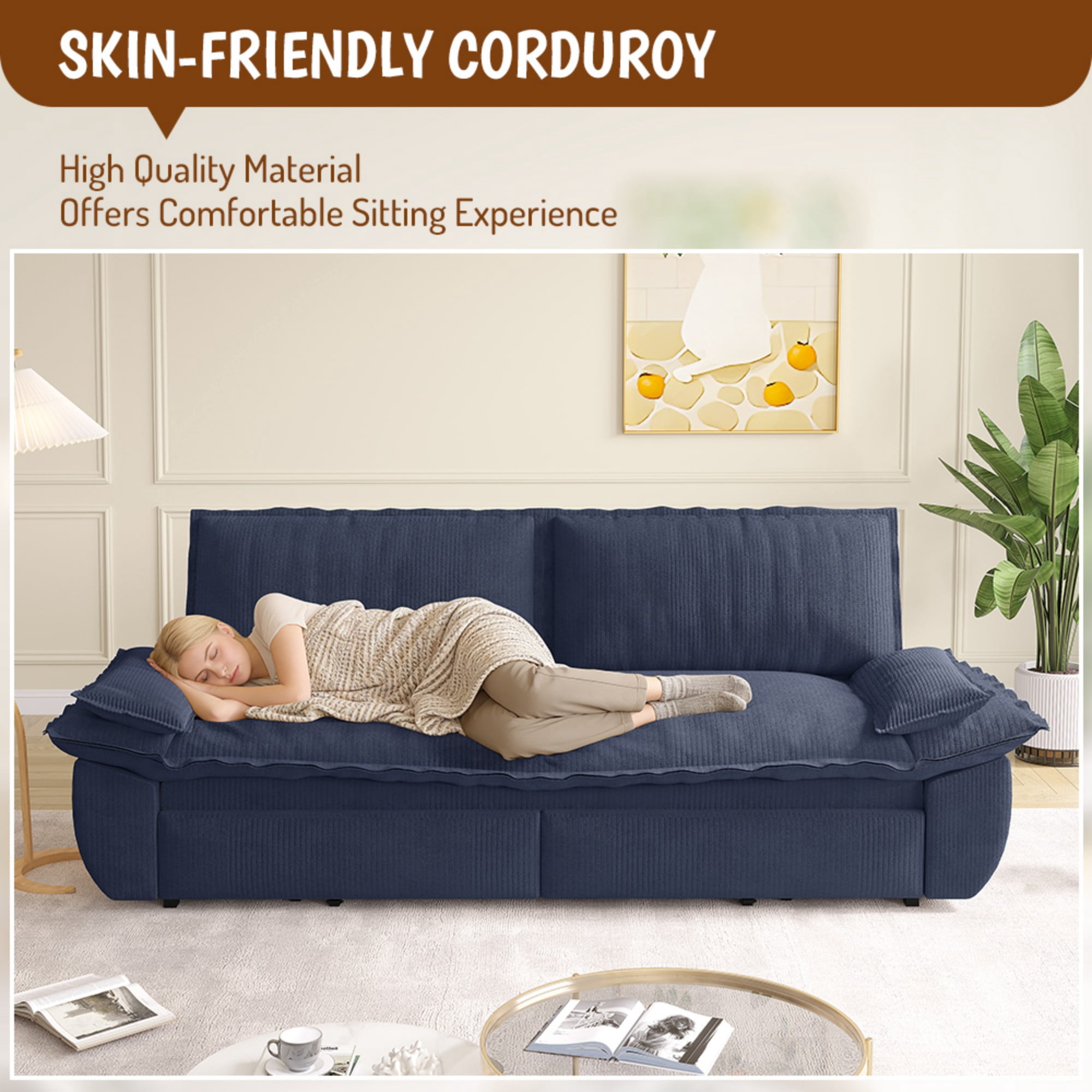 LLappuil 73" Pull Out Sofa Bed Queen Size, Corduroy Loveseat Sofa Couch Convertible Sofa Bed for Living Room Blue