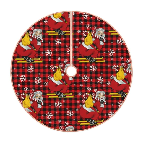 Xecao Vintage Santa Skiing Red Plaid Pattern Christmas Tree Skirt Round Xmas Tree Mat Base Cover for Holiday Home Decorations-30"