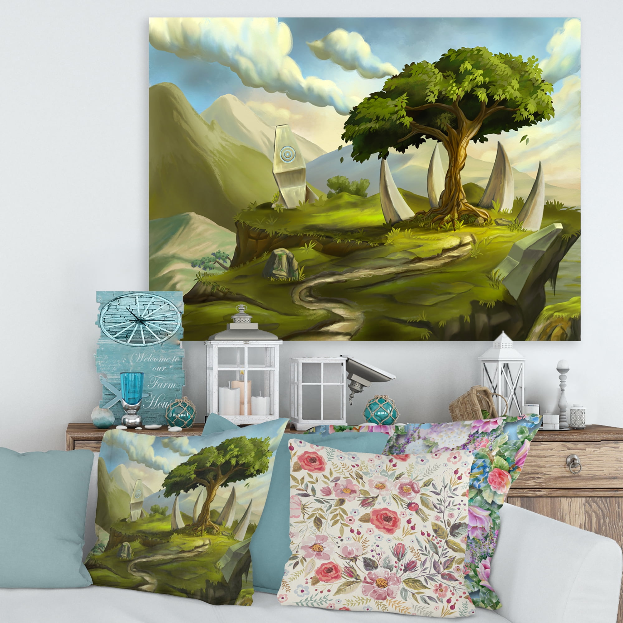 Designart ' Sacred Tree In A Fantasy Green Landscape ' Traditional Canvas Wall Art Print