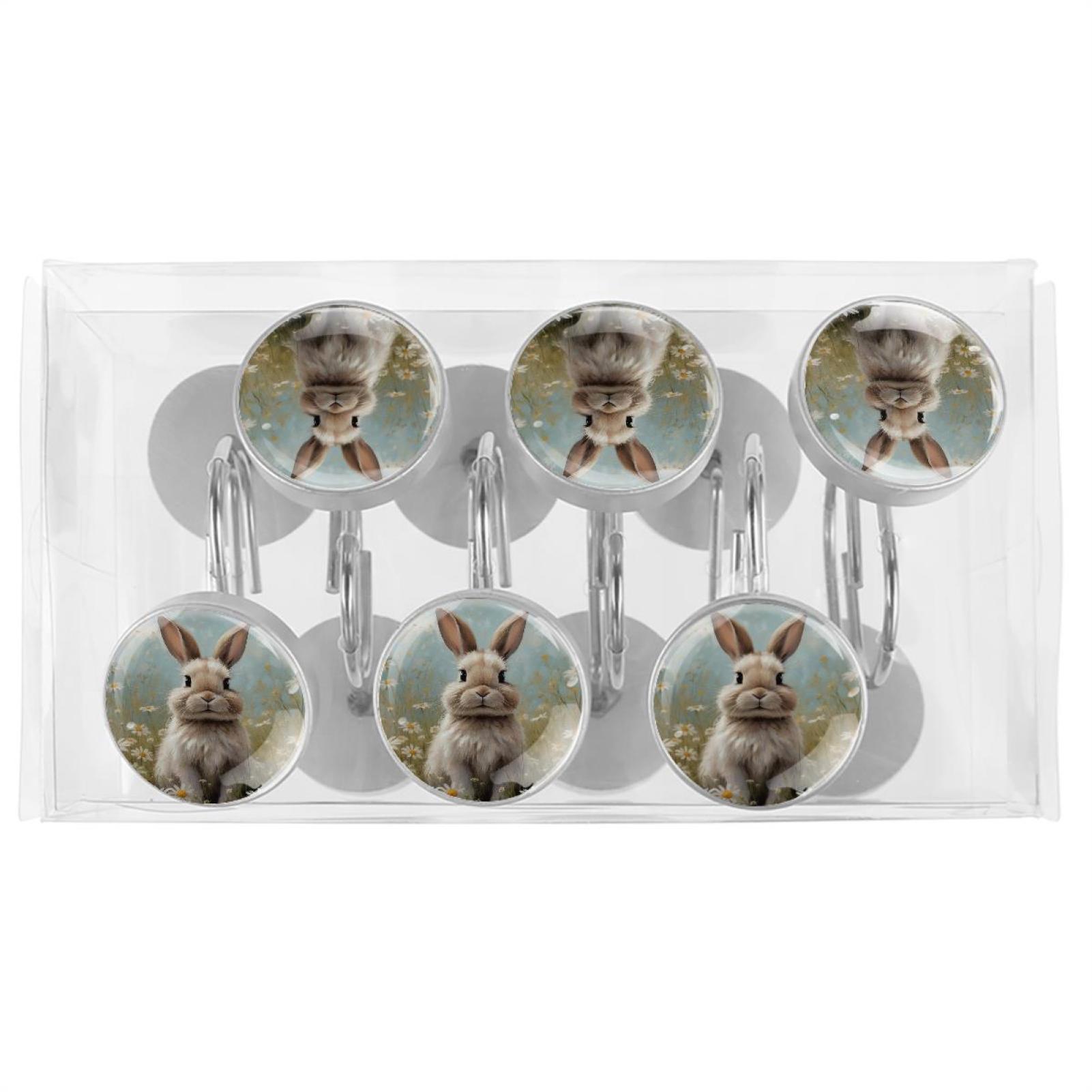 Imobaby 12 Pcs Metal Shower Curtain Hooks Rust Proof for Shower Curtain Liner - Daisy Apricot Rabbit