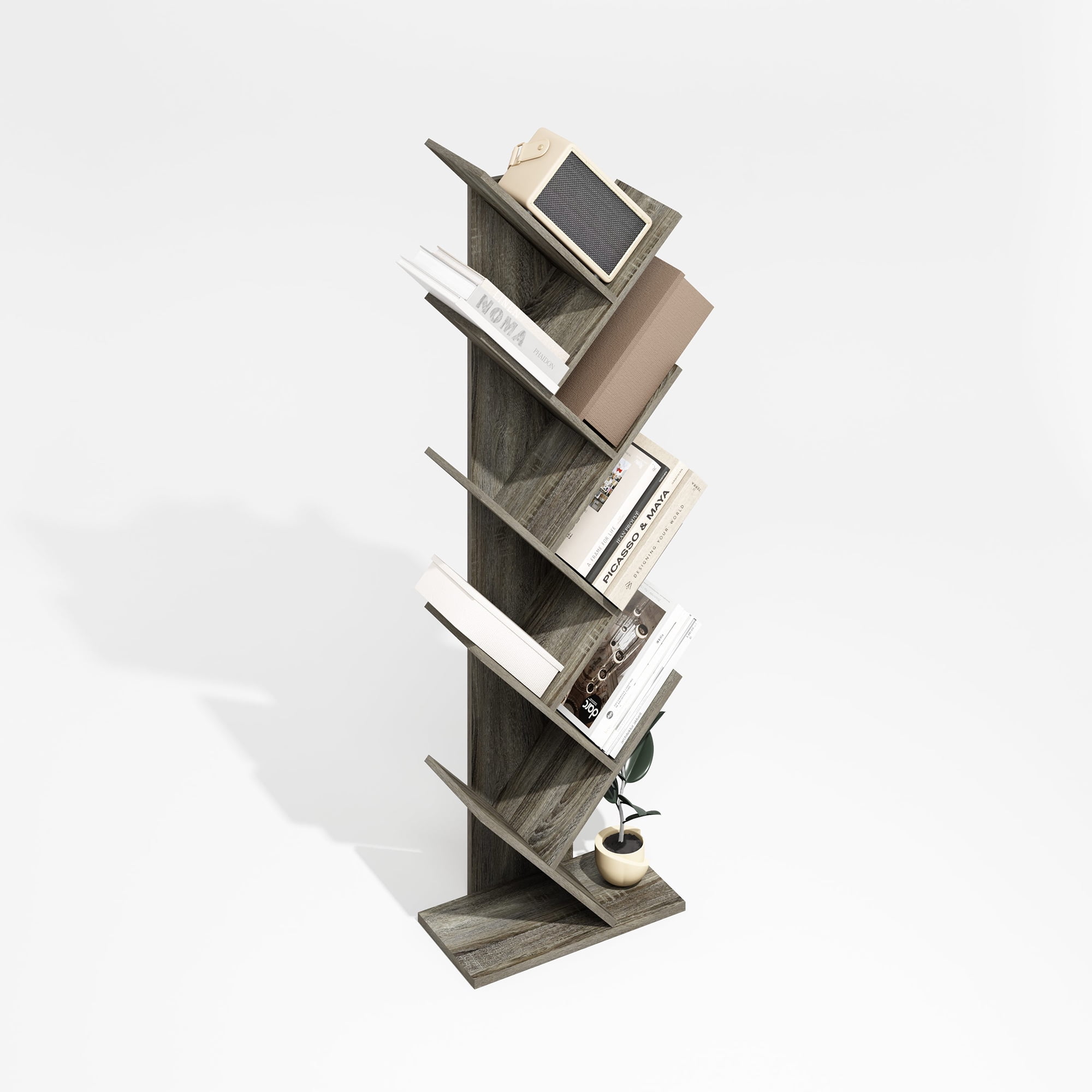 Furinno Tree Bookshelf 9-Tier Floor Standing Tree Bookcase, Oak Grey