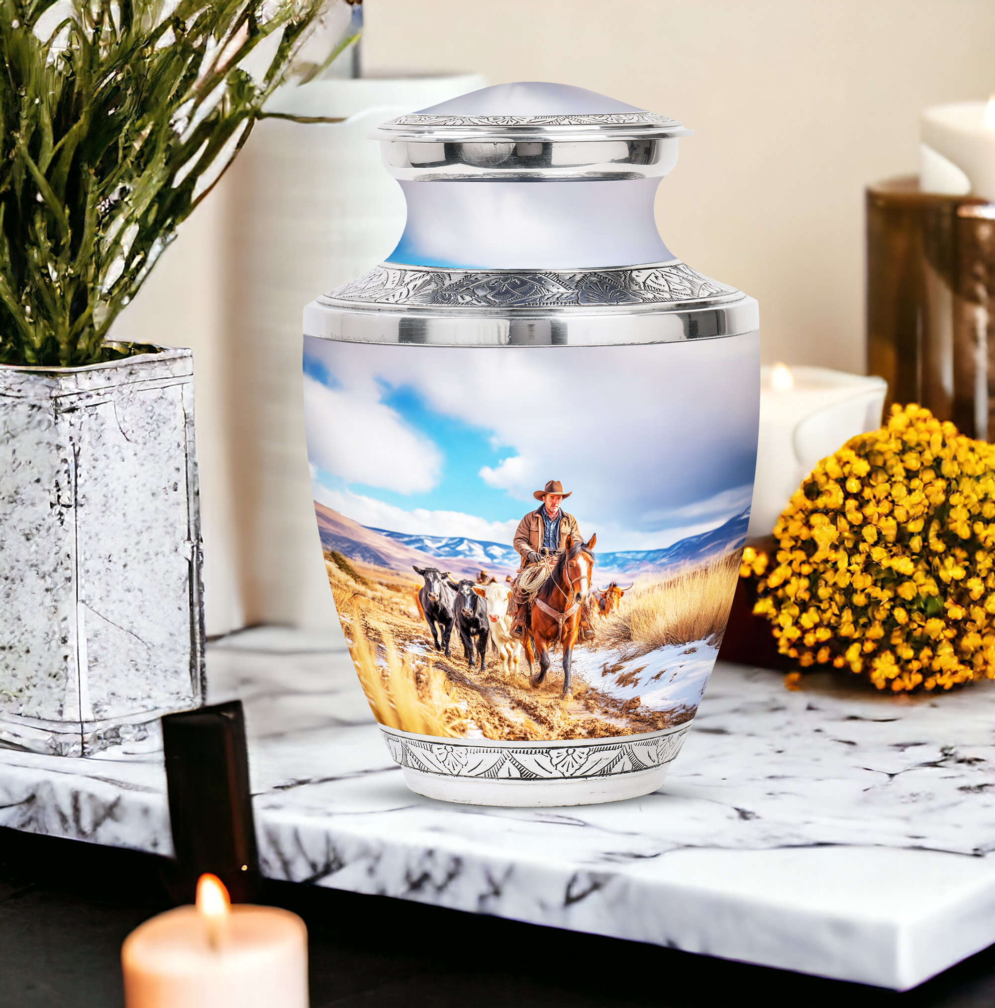 SABURIAL Cowboys Ash Urn for Men & Female - Decorative Urns for Ash - 10 Inch - Large with Velvet Bag - Urns for Human Ashes Large - Human Remains Urn - Memorial Burials for Ashes