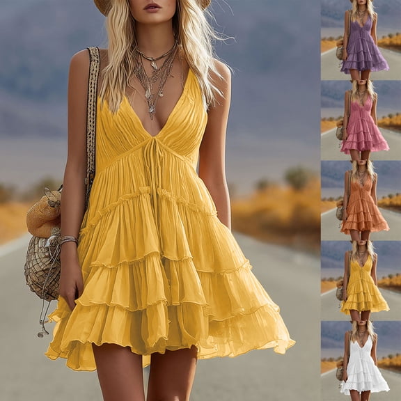Women's Solid Color Spaghetti Strap Mini Dress Deep V‑Neck Tiered Lace Ruffle Summer Casual Dress Yellow XL(XL)