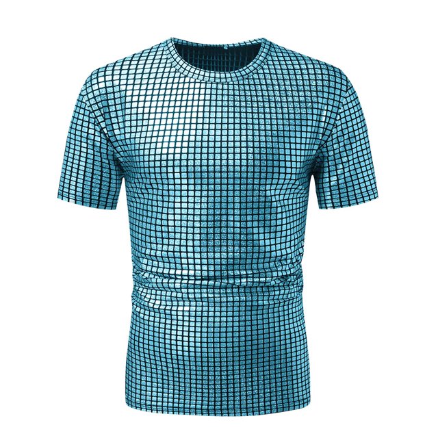 Tee-Shirt à Sequins pour Hommes Manches Courtes Métalliques Col Rond Fête de Boîte de Nuit T-Shirts Rétro Costume Disco Années 70