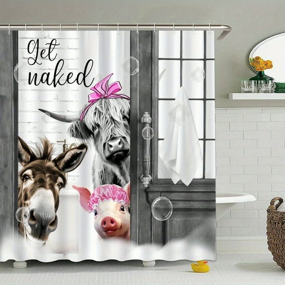 1PC Shower Curtain 66*72in Farmhouse Animal Shower Curtain Funny Cow Pig Donkey Rustic Western Get Naked Funny Quote Country Farm Cows Cattle Bathroom Curtain Set Polyester Fabric Hooks