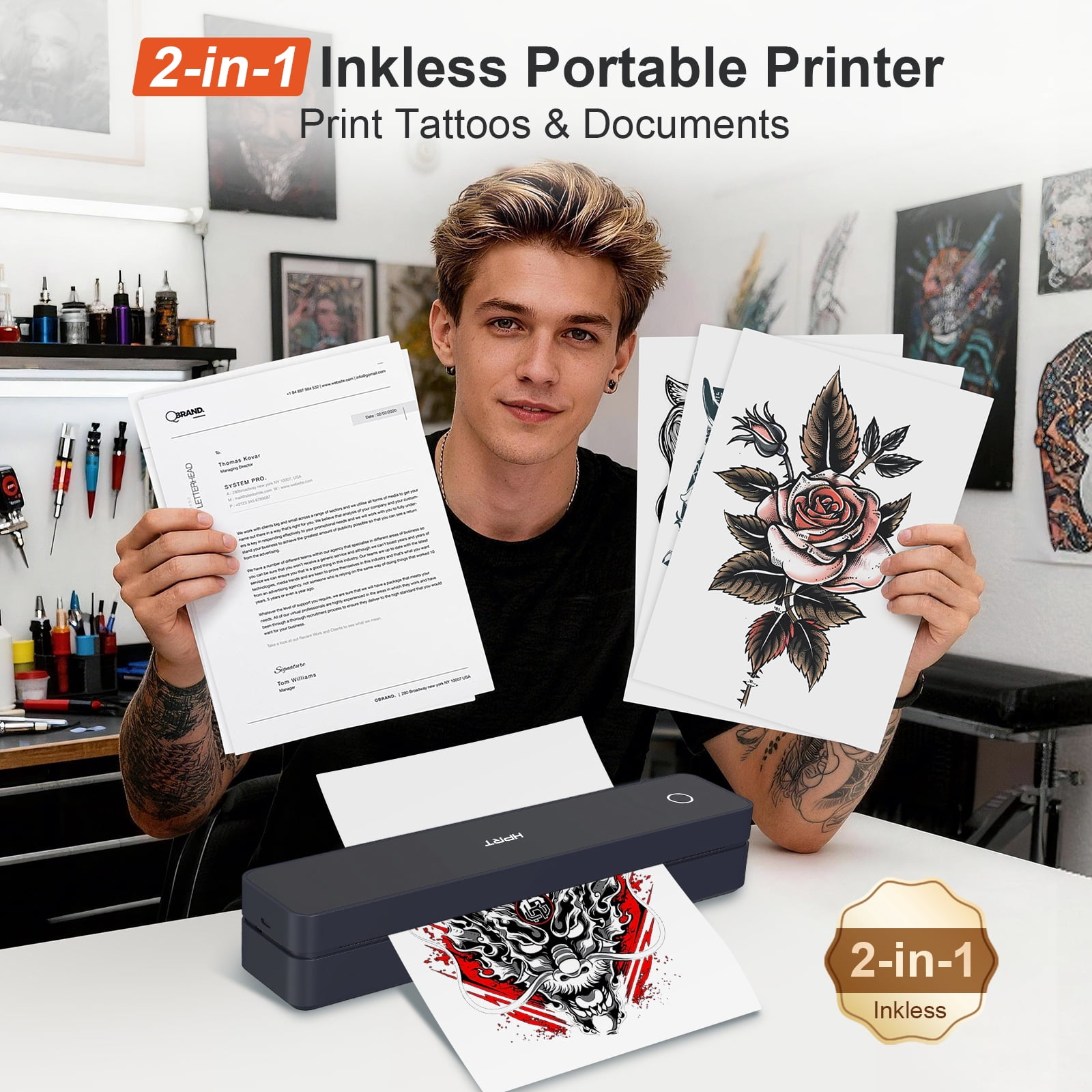 Shieny Tattoo Stencil Printer with 10pcs Transfer Paper, Thermal Printer ,107mm/210mm/216mm/ US Letter Thermal Paper for Tattoo Artists & Beginners, Compatible with Phone/Tablet/PC