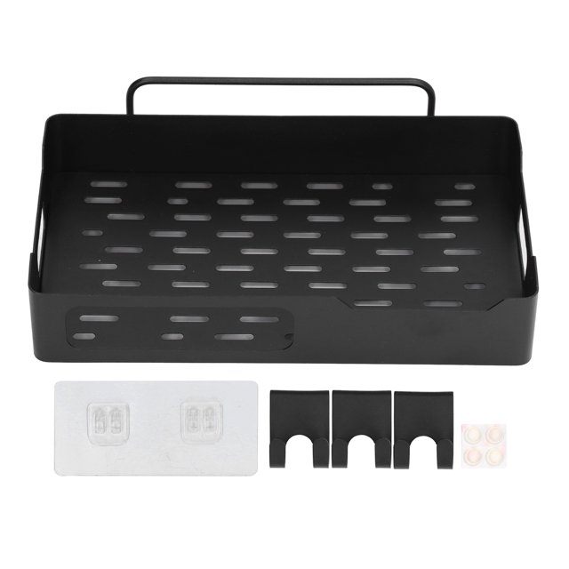 Estante de almacenamiento montado en la pared, base de malla de acero inoxidable sin perforaciones con 3 ganchos para cocina y baño, color negro