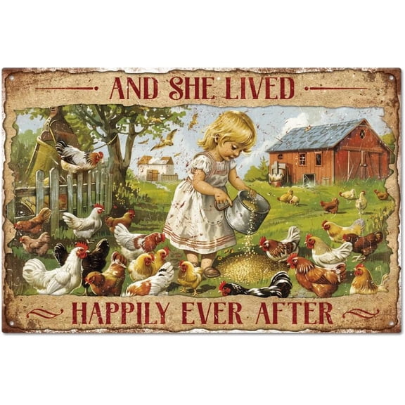 Farm Tin Sign Feed The Chicken Lady Metal Tin Sign Vintage Metal Tin Sign 12×8inch "And She Lived Happily Ever After" Funny Wall Decor Tin Signs for Farm Garden Backyard Colorful