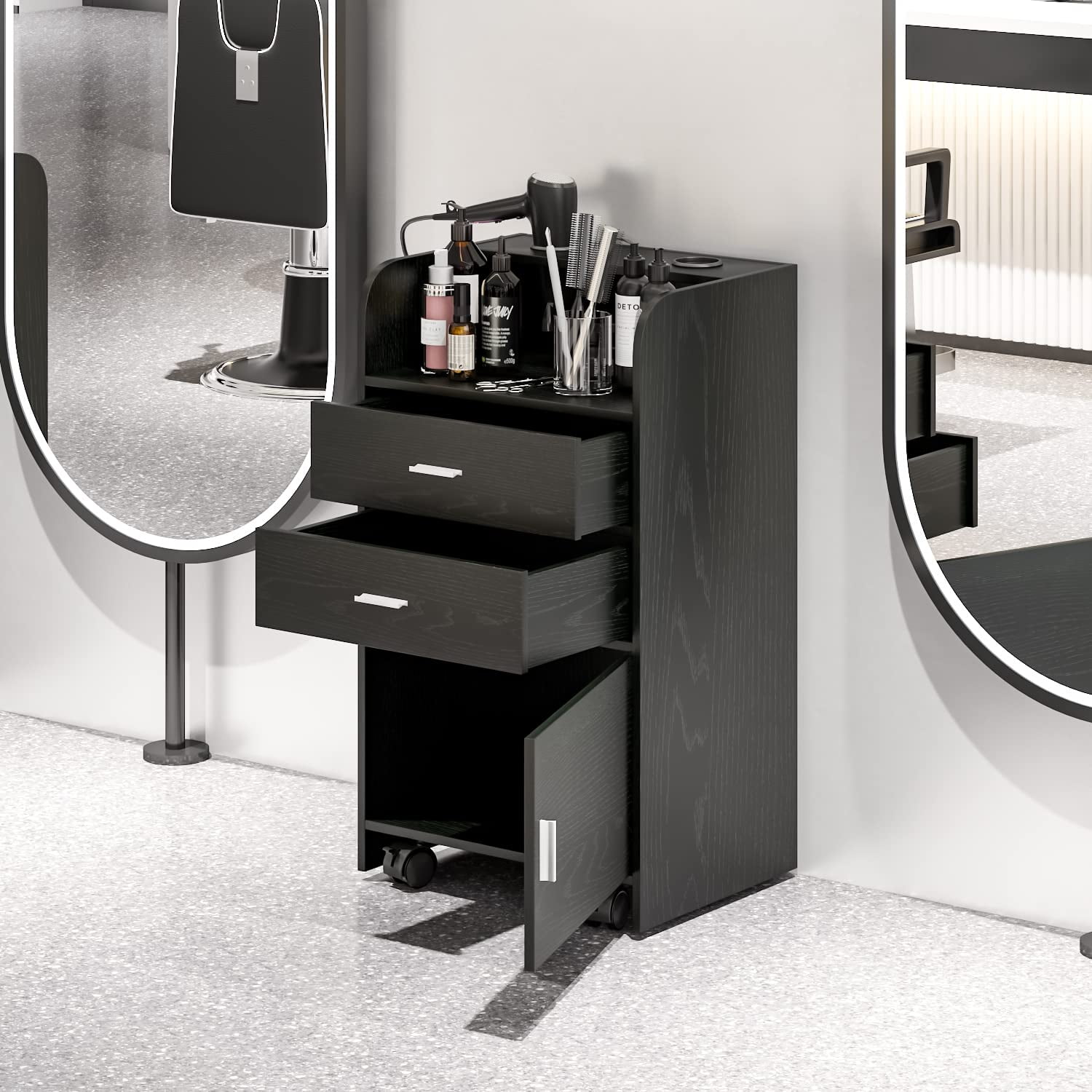 Catrimown Salon Station, Storage Cabinet with 2 Drawers & Large Cabinet, Black