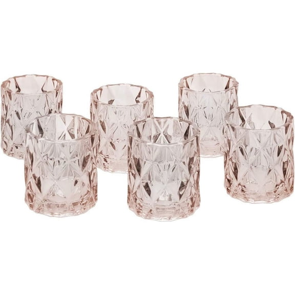 Koyal Wholesale 3" Tall Blush Pink Modern Multifaceted Glass Candle Holders, Set of 6 Votives, Bulk Tealight Holders