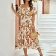 thumbnail image 4 of Femmes Plage Midi Robe Florale Imprimé Puff Manches Mode Été Plissée Robe, 4 of 7